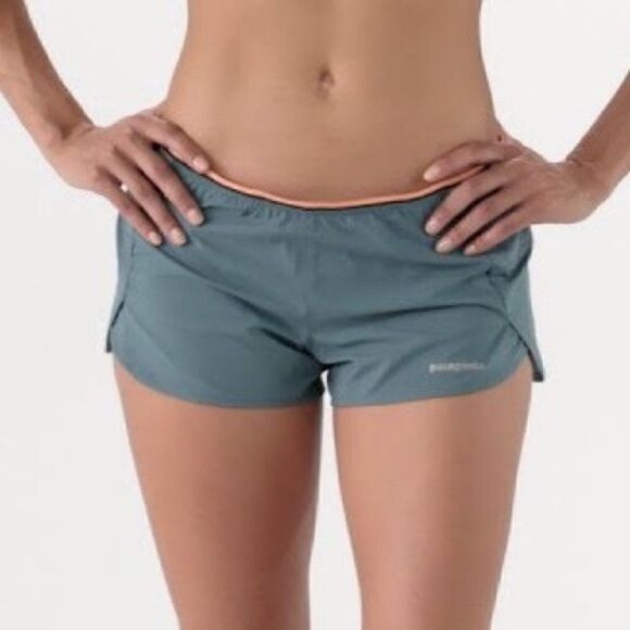 Patagonia Womens Strider Pro 3” Shorts Tasmanian Teal Peach Sherbet Sz L - Picture 2 of 9